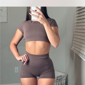 Gymshark Brown Seamless Crop Top and Shorts Set